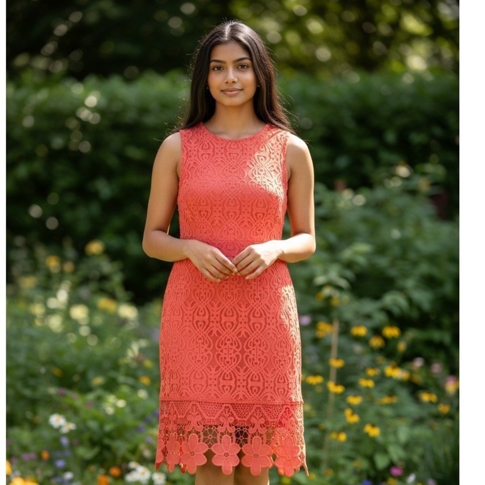 Kings Road Womens Coral Orange Lace Floral Crochet Hem Sleeveless Shift Dress M